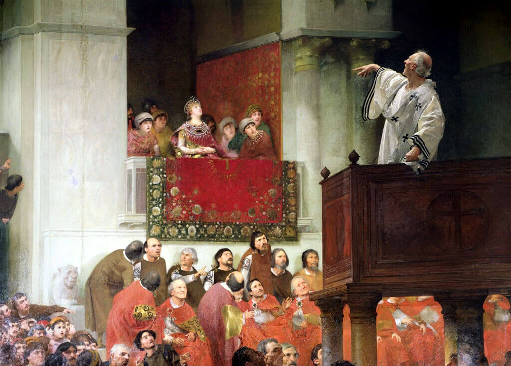 Святитель Иоанн Златоуст проповедует в присутствии императрицы Евдоксии. Художник Joseph Wencker